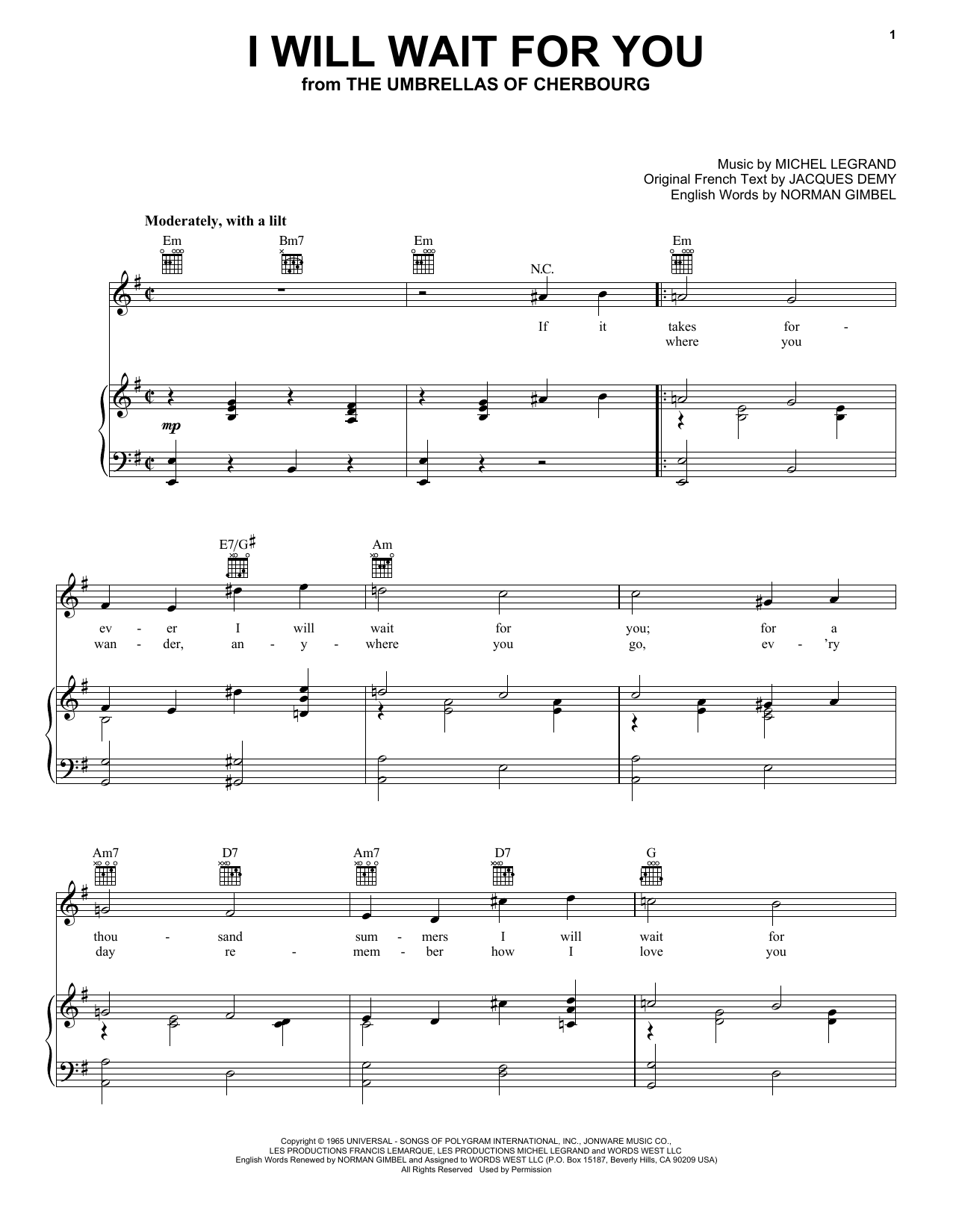 Download Norman Gimbel I Will Wait For You Sheet Music and learn how to play Piano, Vocal & Guitar (Right-Hand Melody) PDF digital score in minutes