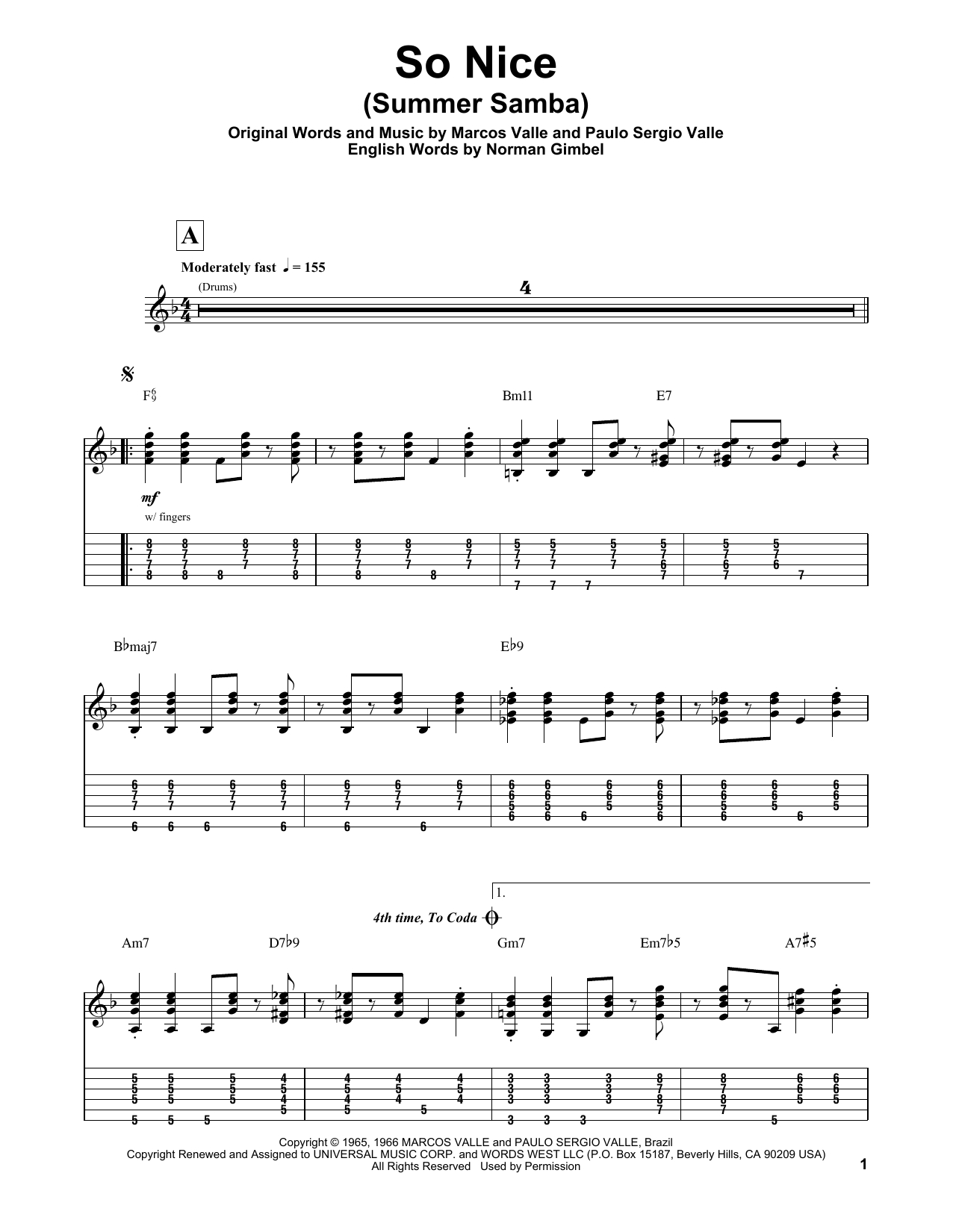 Download Marcos Valle So Nice (Summer Samba) Sheet Music and learn how to play Guitar Tab PDF digital score in minutes