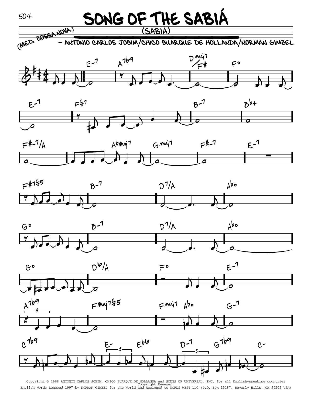 Download Norman Gimbel Song Of The Sabiá (Sabiá) Sheet Music and learn how to play Real Book – Melody & Chords PDF digital score in minutes