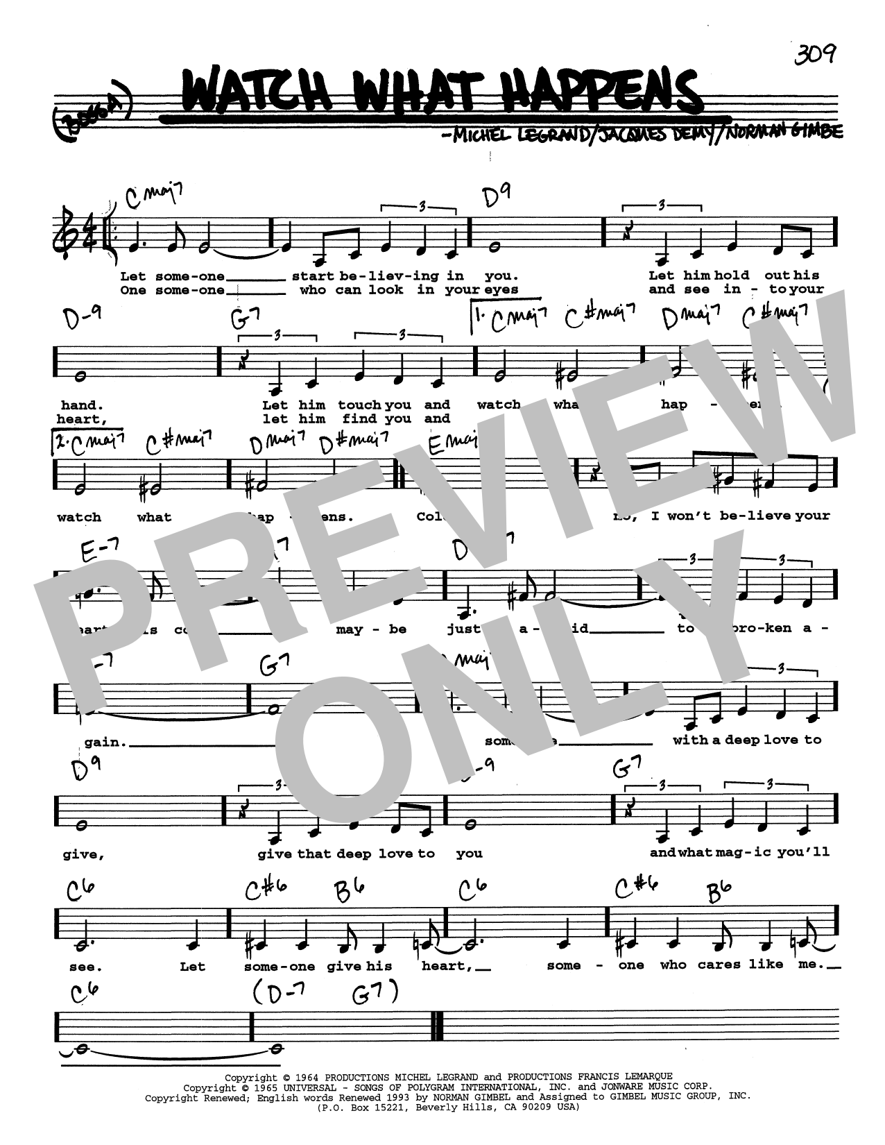 Download Norman Gimbel Watch What Happens (Low Voice) Sheet Music and learn how to play Real Book – Melody, Lyrics & Chords PDF digital score in minutes