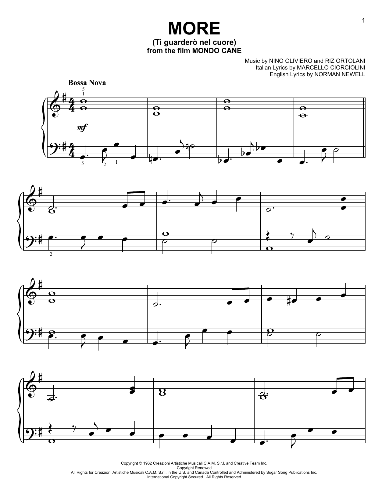 Download Norman Newell More (Ti Guarderò Nel Cuore) Sheet Music and learn how to play Easy Piano PDF digital score in minutes