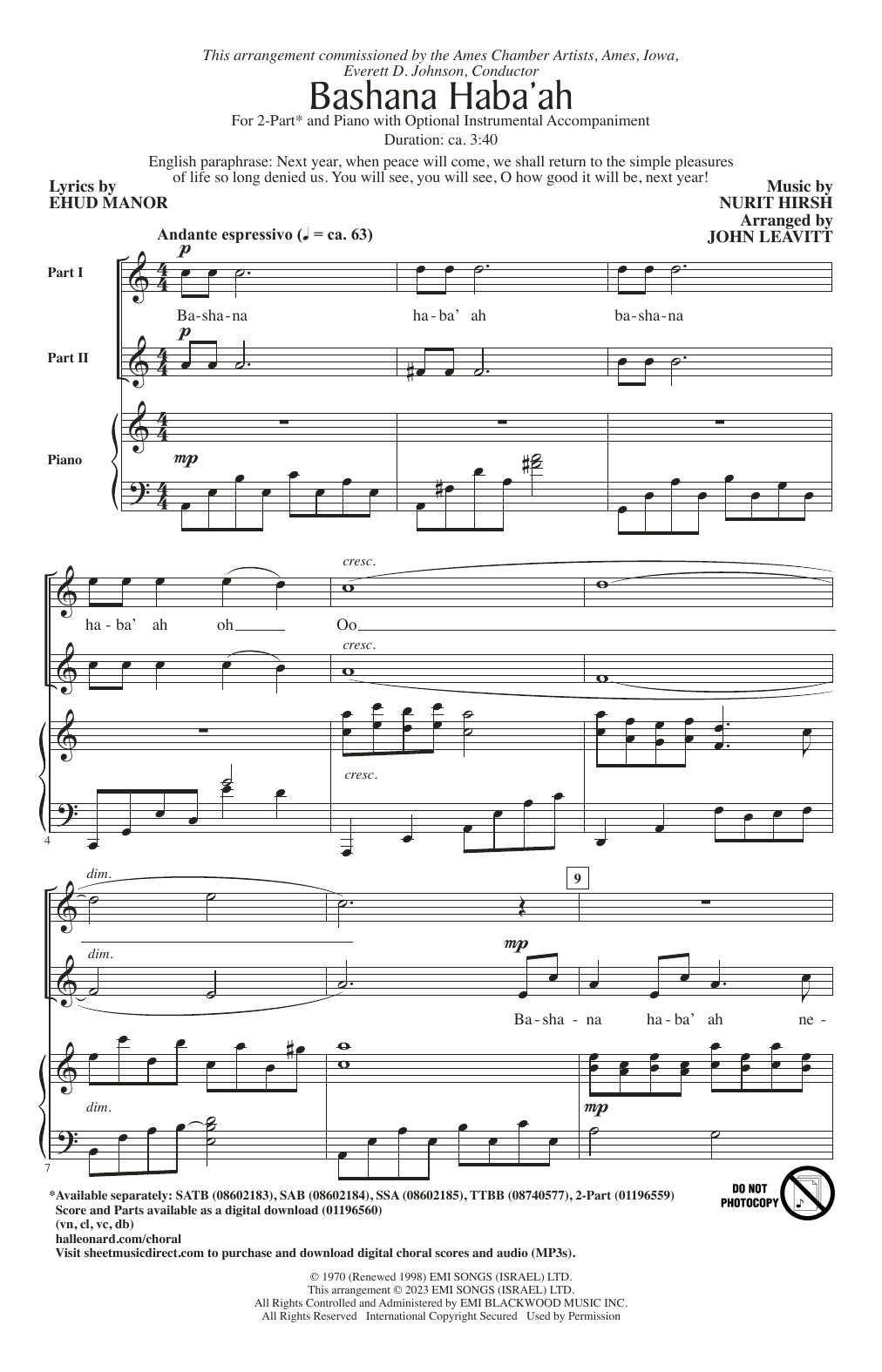 Download Nurit Hirsh Bashana Haba 'Ah (arr. John Leavitt) Sheet Music and learn how to play 2-Part Choir PDF digital score in minutes