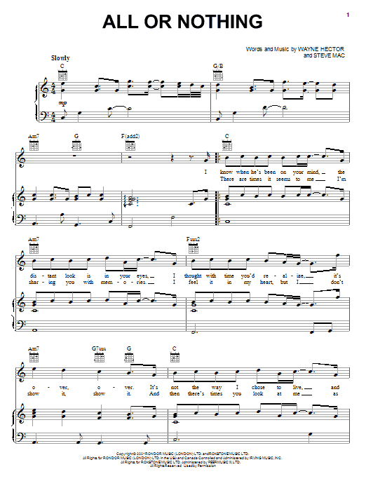 Download O-Town All Or Nothing Sheet Music and learn how to play Piano, Vocal & Guitar (Right-Hand Melody) PDF digital score in minutes