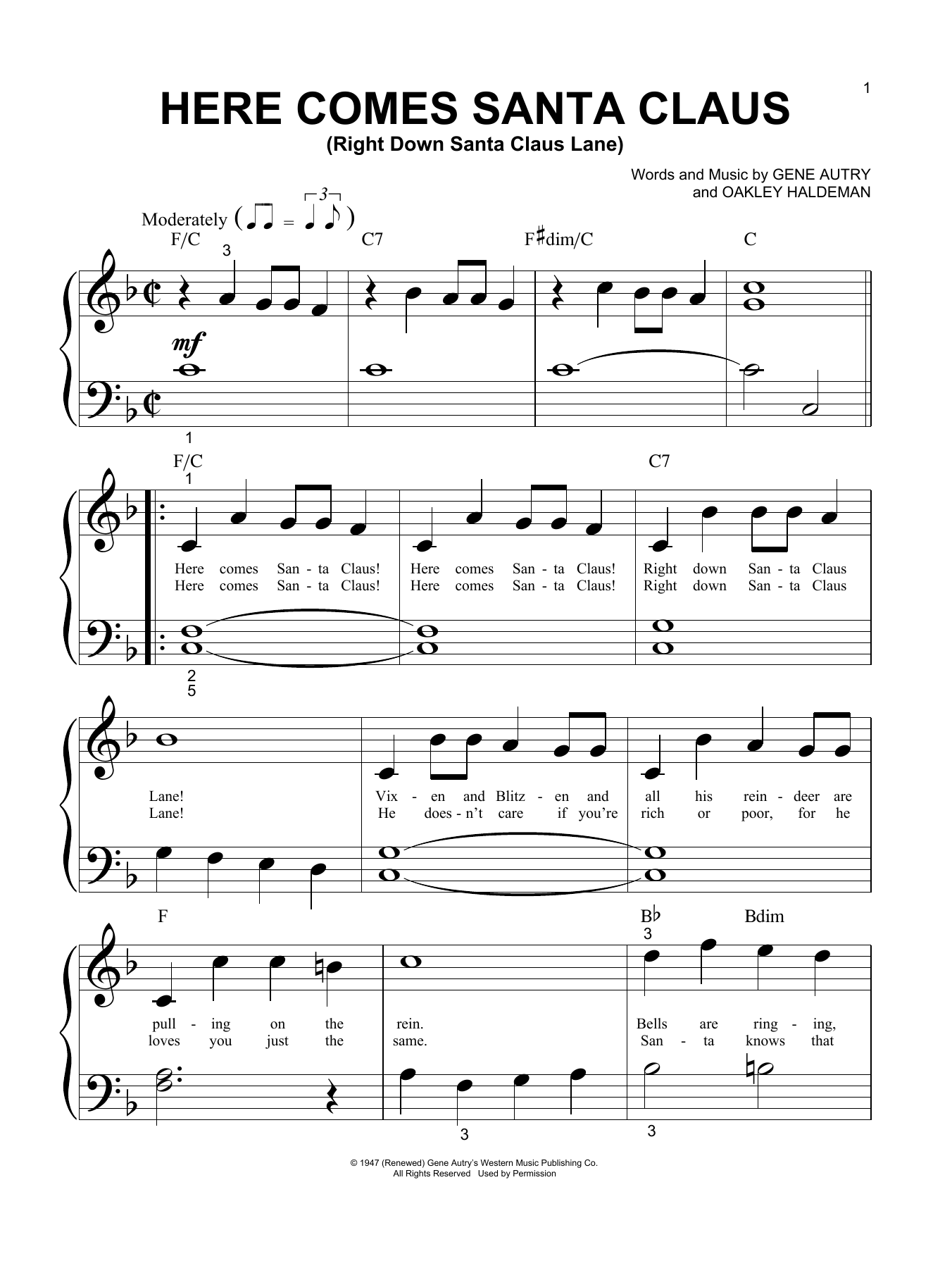 Download Oakley Haldeman Here Comes Santa Claus (Right Down Santa Claus Lane) Sheet Music and learn how to play Piano (Big Notes) PDF digital score in minutes
