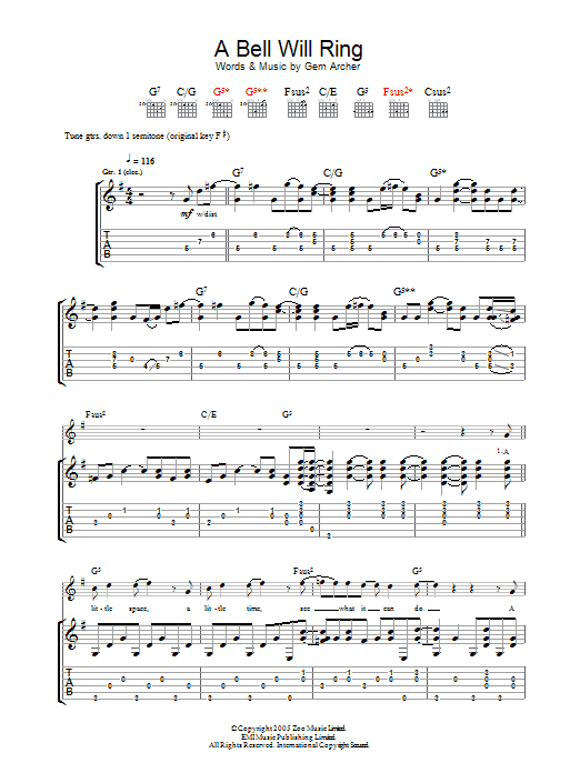 Download Oasis A Bell Will Ring Sheet Music and learn how to play Guitar Tab PDF digital score in minutes