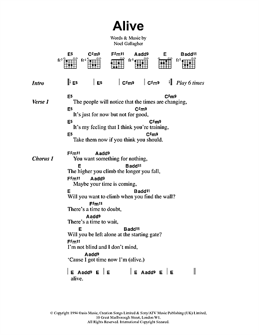 Download Oasis Alive Sheet Music and learn how to play Lyrics & Chords PDF digital score in minutes