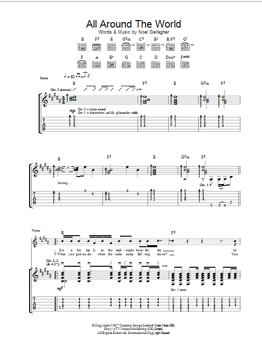 Download Oasis All Around The World Sheet Music and learn how to play Guitar Tab PDF digital score in minutes