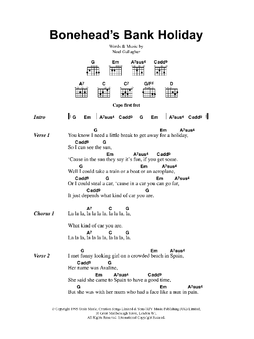 Download Oasis Bonehead's Bank Holiday Sheet Music and learn how to play Lyrics & Chords PDF digital score in minutes