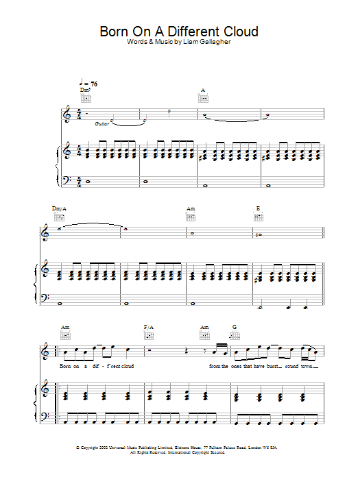 Download Oasis Born On A Different Cloud Sheet Music and learn how to play Lyrics & Chords PDF digital score in minutes