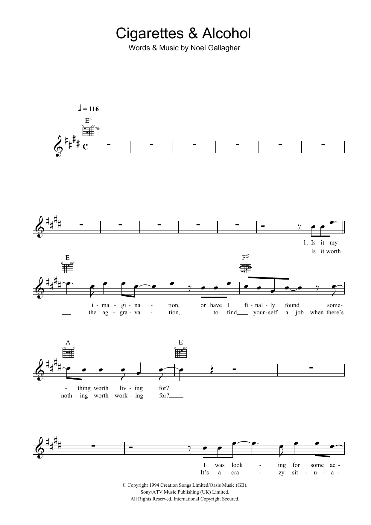 Download Oasis Cigarettes & Alcohol Sheet Music and learn how to play Melody Line, Lyrics & Chords PDF digital score in minutes
