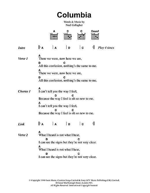 Download Oasis Columbia Sheet Music and learn how to play Lyrics & Chords PDF digital score in minutes