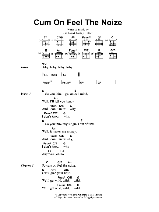Download Oasis Cum On Feel The Noize Sheet Music and learn how to play Lyrics & Chords PDF digital score in minutes