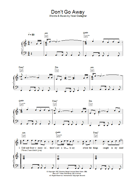 Download Oasis Don't Go Away Sheet Music and learn how to play Lyrics & Chords PDF digital score in minutes