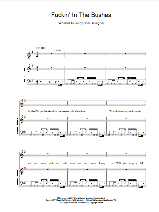 Download Oasis Fuckin' In The Bushes Sheet Music and learn how to play Lyrics & Chords PDF digital score in minutes