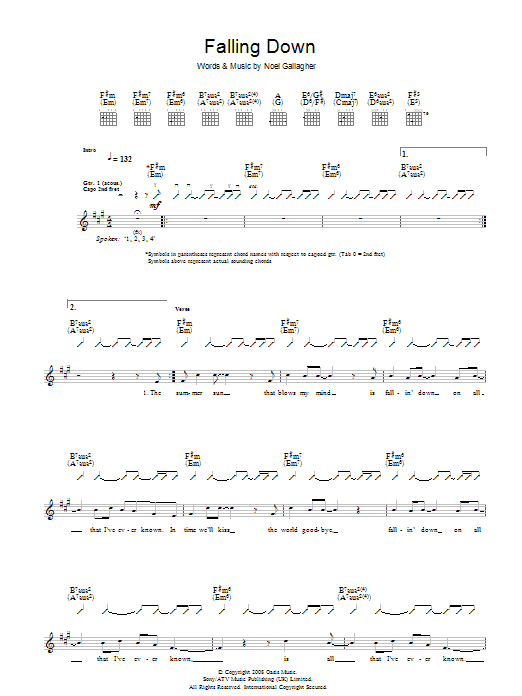 Download Oasis Falling Down Sheet Music and learn how to play Guitar Tab PDF digital score in minutes