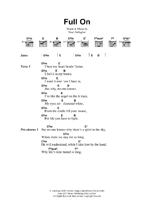 Download Oasis Full On Sheet Music and learn how to play Lyrics & Chords PDF digital score in minutes