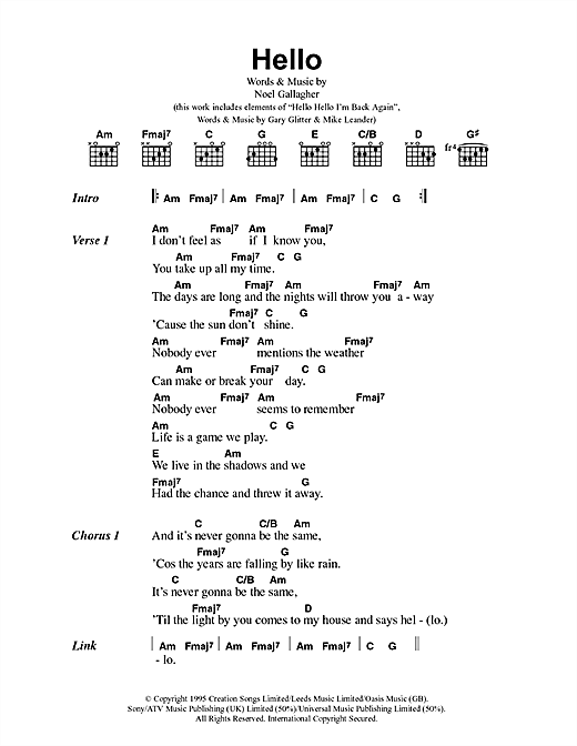 Download Oasis Hello Sheet Music and learn how to play Piano, Vocal & Guitar (Right-Hand Melody) PDF digital score in minutes