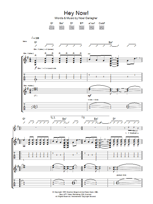 Download Oasis Hey Now Sheet Music and learn how to play Guitar Tab PDF digital score in minutes
