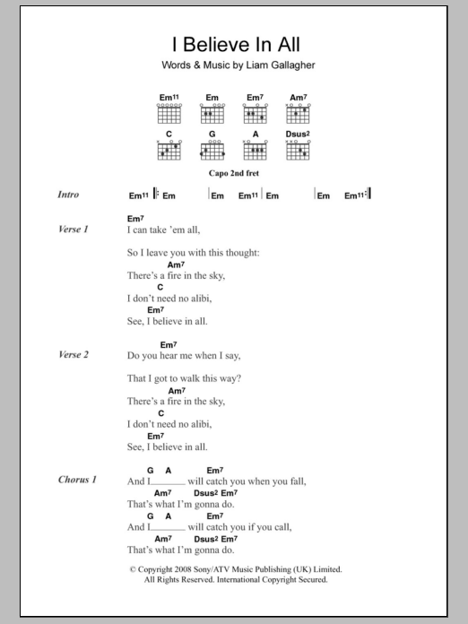 Download Oasis I Believe In All Sheet Music and learn how to play Lyrics & Chords PDF digital score in minutes