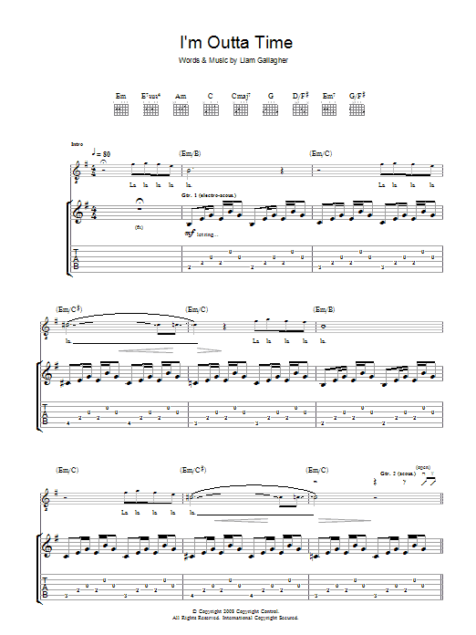 Download Oasis I'm Outta Time Sheet Music and learn how to play Guitar Tab PDF digital score in minutes