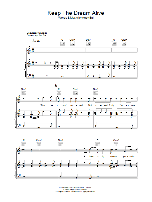 Download Oasis Keep The Dream Alive Sheet Music and learn how to play Piano, Vocal & Guitar (Right-Hand Melody) PDF digital score in minutes