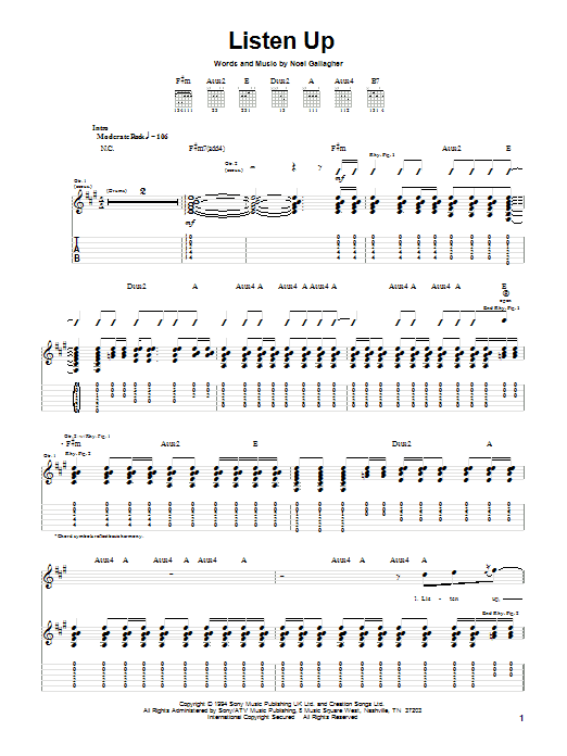 Download Oasis Listen Up Sheet Music and learn how to play Guitar Tab PDF digital score in minutes