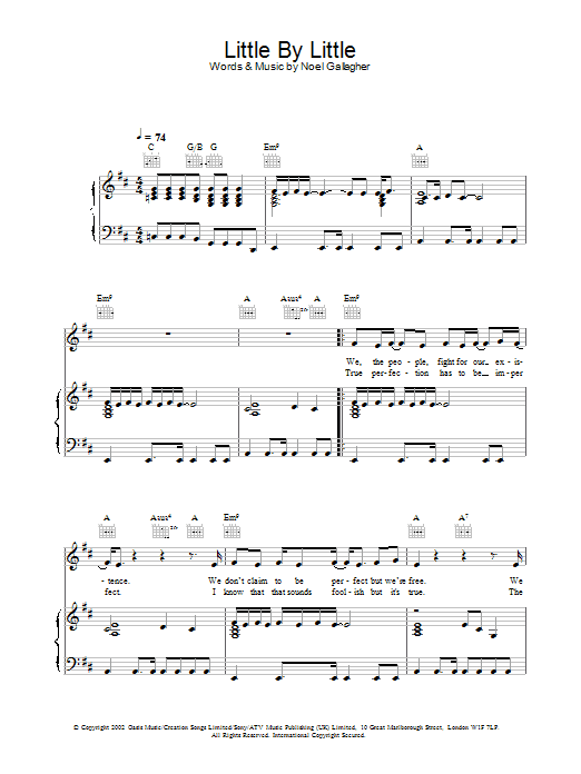 Download Oasis Little By Little Sheet Music and learn how to play Piano, Vocal & Guitar (Right-Hand Melody) PDF digital score in minutes