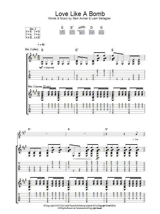 Download Oasis Love Like A Bomb Sheet Music and learn how to play Piano, Vocal & Guitar (Right-Hand Melody) PDF digital score in minutes