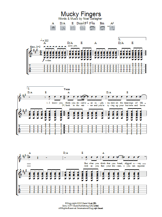 Download Oasis Mucky Fingers Sheet Music and learn how to play Guitar Tab PDF digital score in minutes