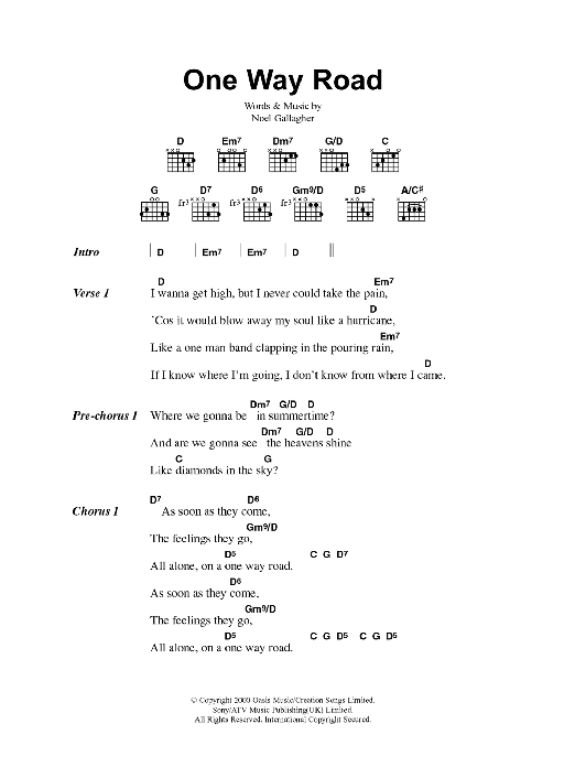 Download Oasis One Way Road Sheet Music and learn how to play Lyrics & Chords PDF digital score in minutes