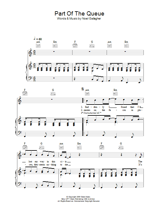 Download Oasis Part Of The Queue Sheet Music and learn how to play Piano, Vocal & Guitar (Right-Hand Melody) PDF digital score in minutes