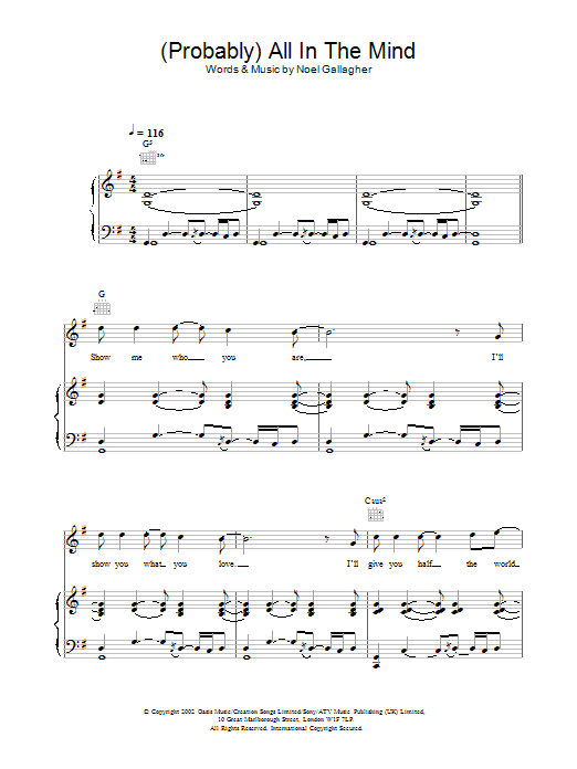 Download Oasis (Probably) All In The Mind Sheet Music and learn how to play Piano, Vocal & Guitar PDF digital score in minutes
