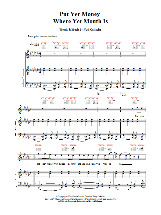 Download Oasis Put Yer Money Where Yer Mouth Is Sheet Music and learn how to play Guitar Tab PDF digital score in minutes