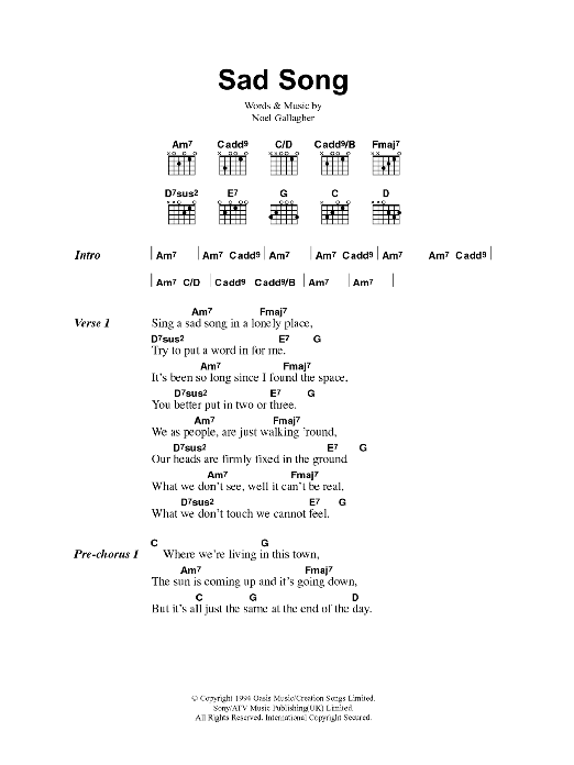 Download Oasis Sad Song Sheet Music and learn how to play Lyrics & Chords PDF digital score in minutes