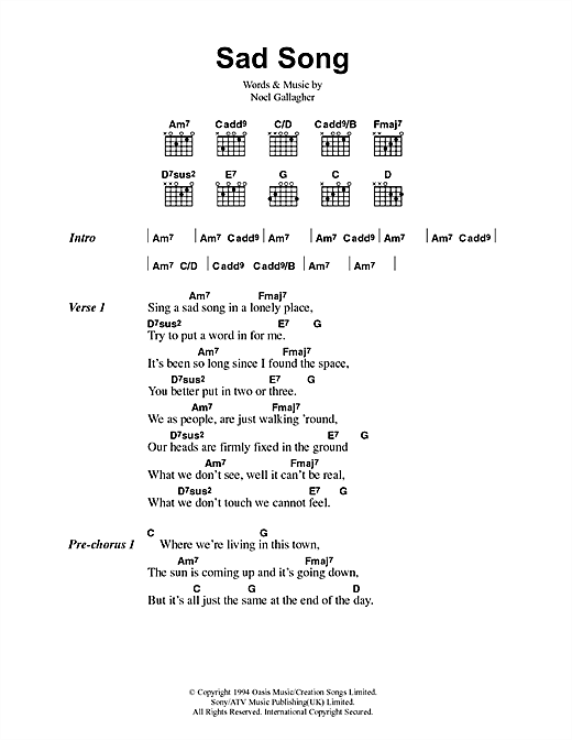 Download Oasis Sad Song Sheet Music and learn how to play Lyrics & Chords PDF digital score in minutes