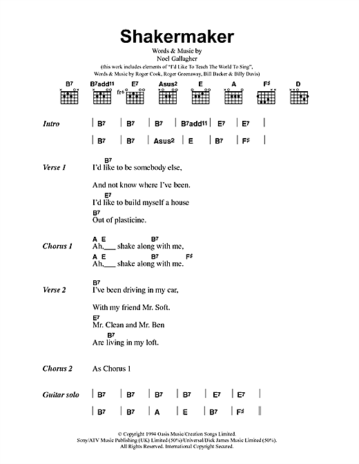 Download Oasis Shakermaker Sheet Music and learn how to play Lyrics & Chords PDF digital score in minutes