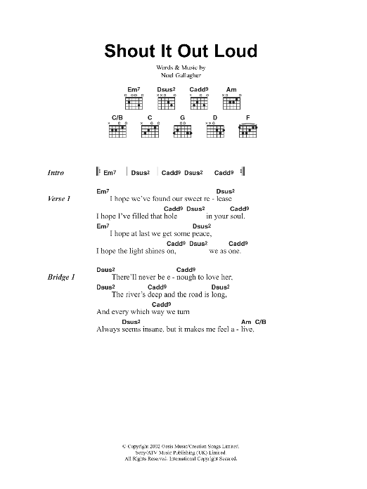 Download Oasis Shout It Out Loud Sheet Music and learn how to play Lyrics & Chords PDF digital score in minutes