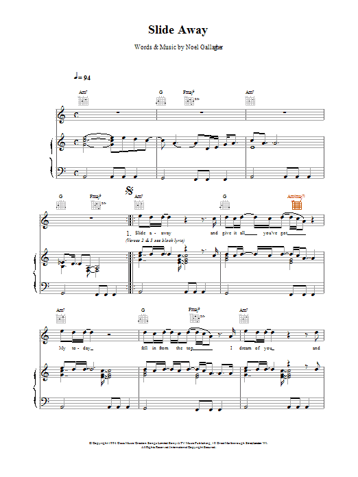 Download Oasis Slide Away Sheet Music and learn how to play Lyrics & Chords PDF digital score in minutes