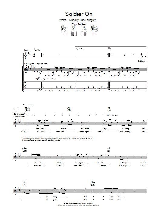 Download Oasis Soldier On Sheet Music and learn how to play Piano, Vocal & Guitar PDF digital score in minutes