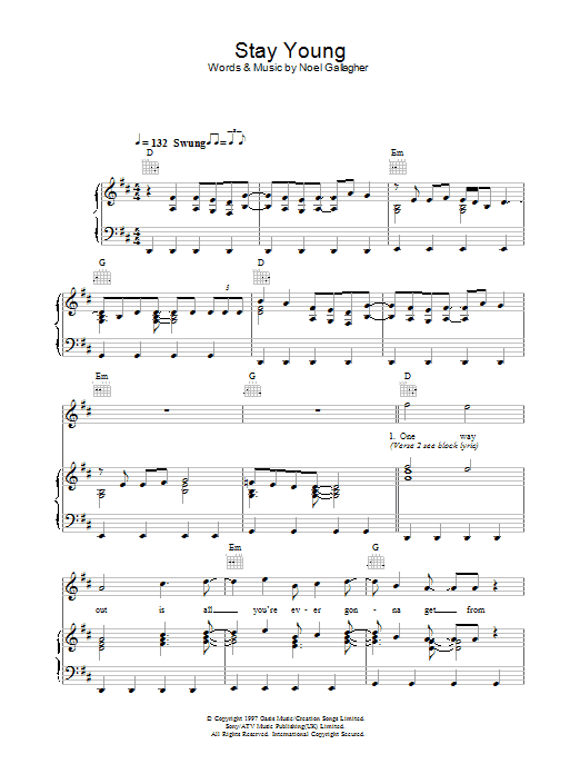 Download Oasis Stay Young Sheet Music and learn how to play Lyrics & Chords PDF digital score in minutes