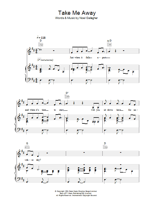 Download Oasis Take Me Away Sheet Music and learn how to play Piano, Vocal & Guitar (Right-Hand Melody) PDF digital score in minutes