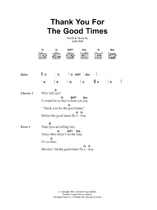 Download Oasis Thank You For The Good Times Sheet Music and learn how to play Lyrics & Chords PDF digital score in minutes