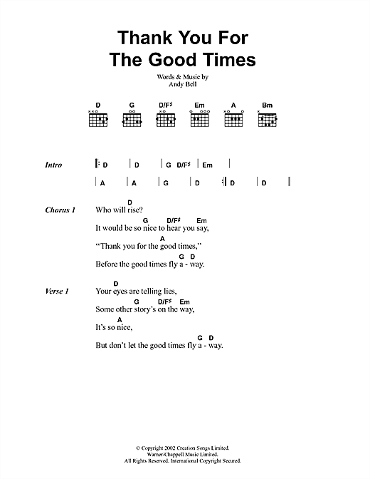 Download Oasis Thank You For The Good Times Sheet Music and learn how to play Lyrics & Chords PDF digital score in minutes