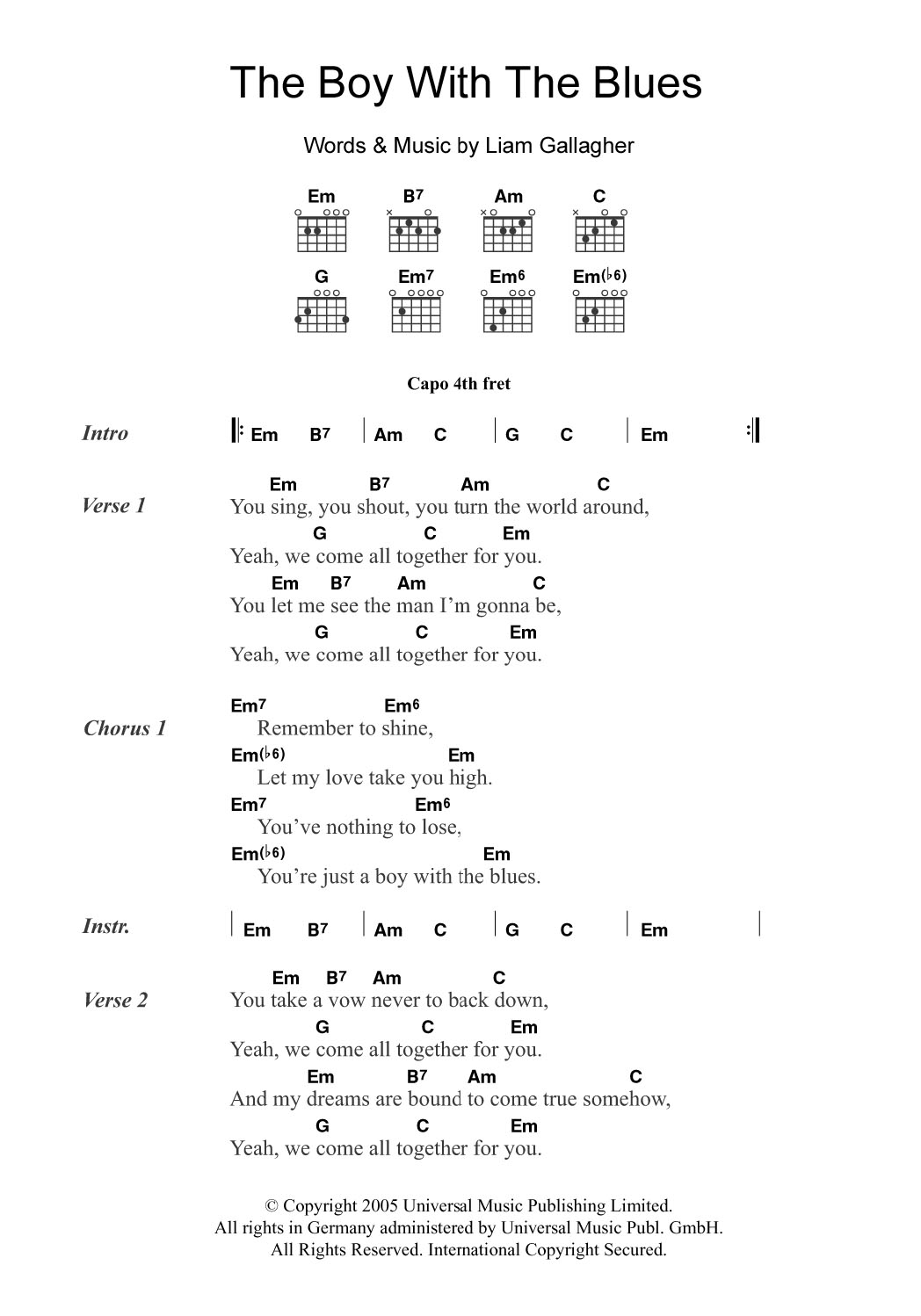 Download Oasis The Boy With The Blues Sheet Music and learn how to play Lyrics & Chords PDF digital score in minutes