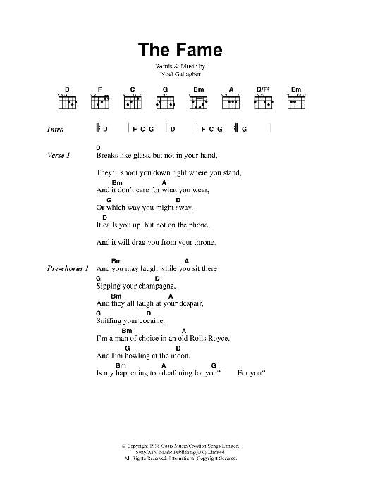 Download Oasis The Fame Sheet Music and learn how to play Lyrics & Chords PDF digital score in minutes
