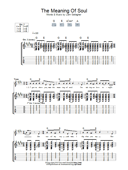 Download Oasis The Meaning Of Soul Sheet Music and learn how to play Guitar Tab PDF digital score in minutes