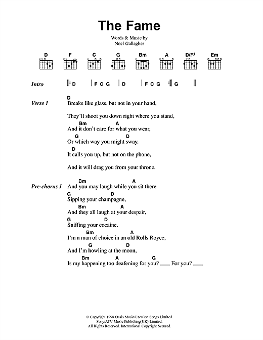 Download Oasis The Fame Sheet Music and learn how to play Lyrics & Chords PDF digital score in minutes