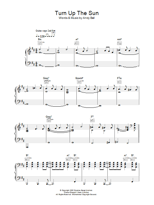 Download Oasis Turn Up The Sun Sheet Music and learn how to play Piano, Vocal & Guitar (Right-Hand Melody) PDF digital score in minutes