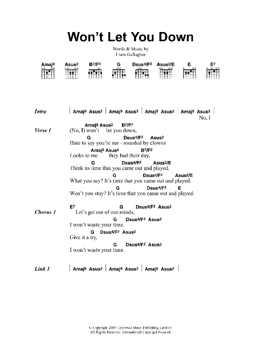 Download Oasis Won't Let You Down Sheet Music and learn how to play Lyrics & Chords PDF digital score in minutes