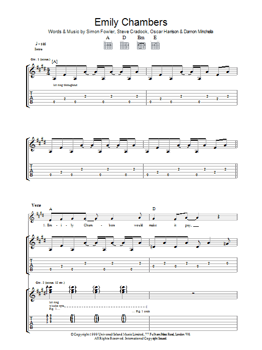 Download Ocean Colour Scene Emily Chambers Sheet Music and learn how to play Guitar Tab PDF digital score in minutes